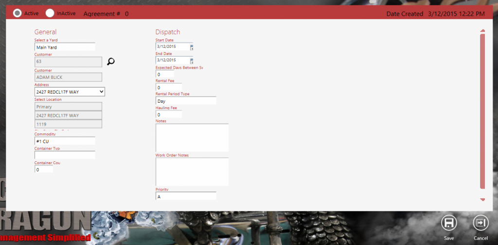 Scrap Dragon Dispatch Module Service Agreements Screen