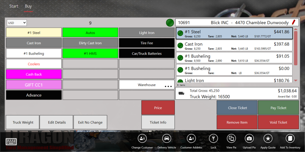 Scrap Dragon Buy Side Push Button Ticket Entry Screen